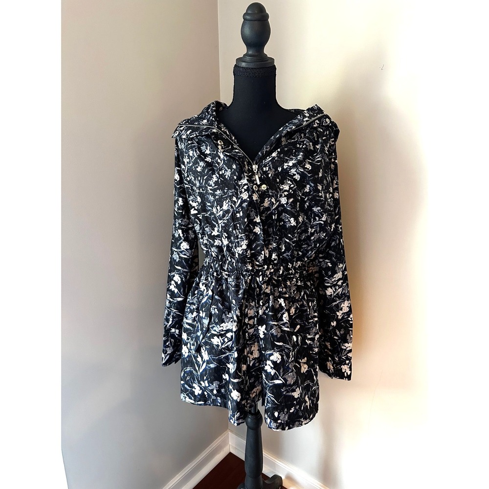 White House Black Market Wind Jacket Womens S Blue Black Floral Cinched Hooded